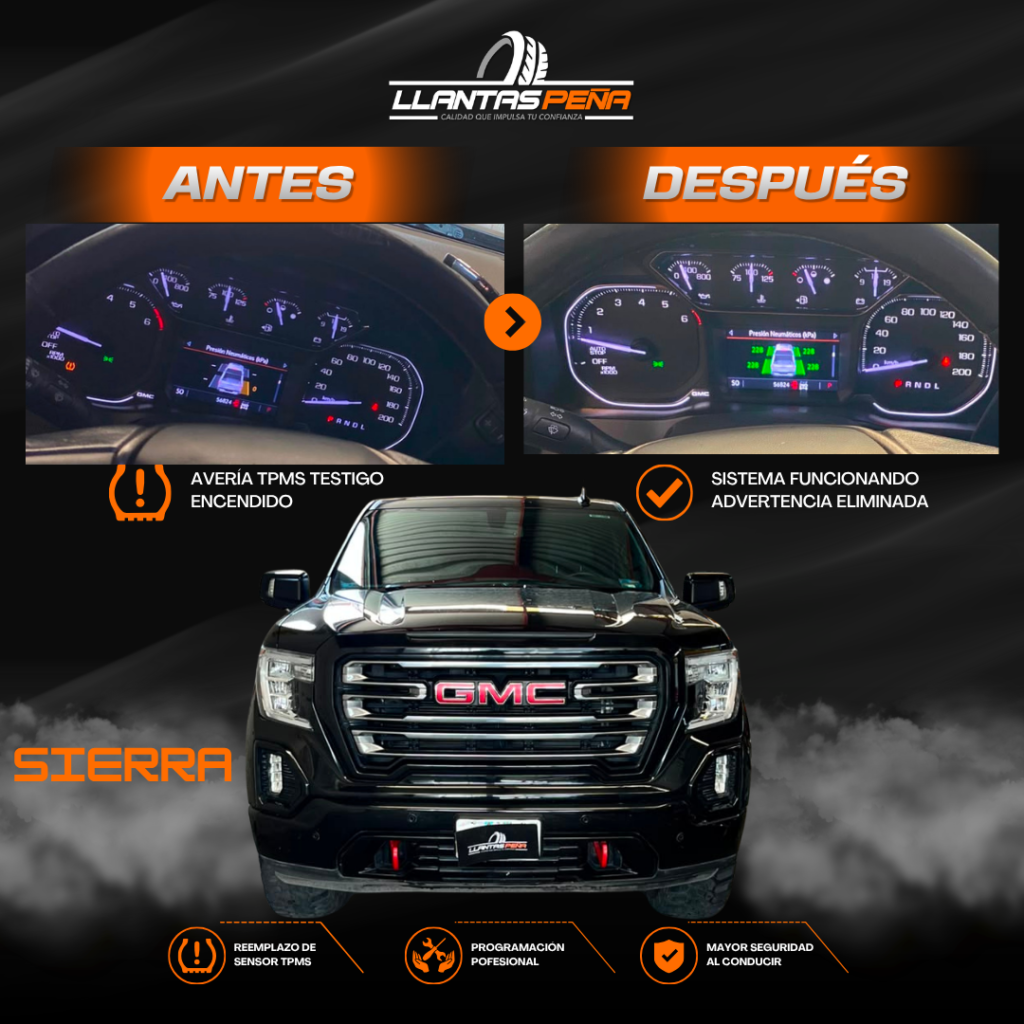 Cambio de llantas y sensores TPMS para GMC Sierra 2020 en Guadalajara.